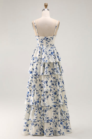 Blue Floral A Line Tiered Ruffled Long  Prom Dress with Slit
